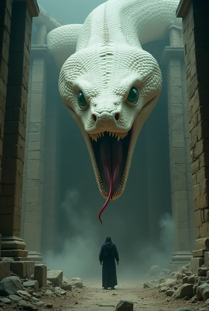 The image shows a gigantic and intimidating snake in a dark and mysterious environment.. The snake has thick, whitish scales that cover its entire body., giving it an ancient and powerful appearance. Her eyes are large and penetrating, green in color, radiating an aura of danger and intelligence. The forked tongue, long and red, extends out of its mouth, as if sniffing or communicating with the environment.The surrounding scenery appears to be an ancient ruin, with pillars and stone structures worn down by time. There is a human figure facing the snake, highlighting the immense difference in size between them. The atmosphere is cold, with a mist that envelops the environment, creating an atmosphere of suspense and mystery. The lighting is soft, highlighting the textures of the snake&#39;s scales and the creature&#39;s imposing nature.