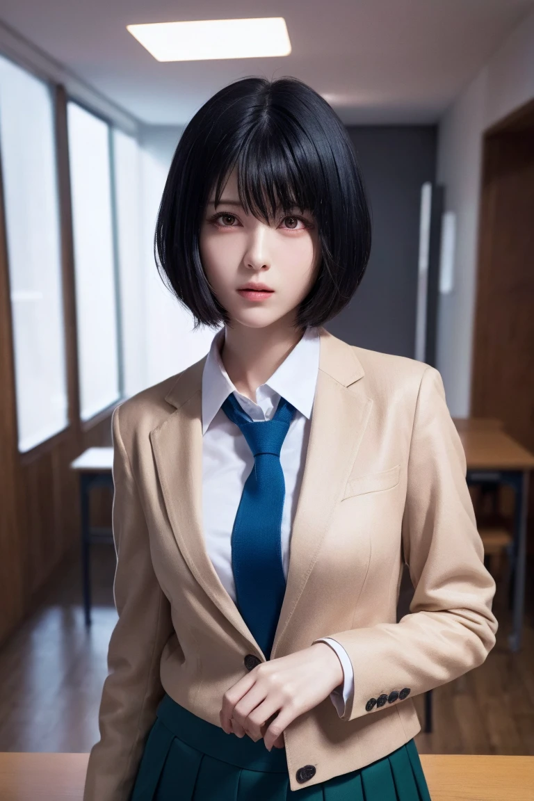 (high quality、high resolution、Tabletop、4K,8k)、Red eyes,Black Hair,short hair,ryouko, Red eyes, Large Breasts, hair band, Blue tie, blazer, school uniform, winter school uniform, Green Skirt,