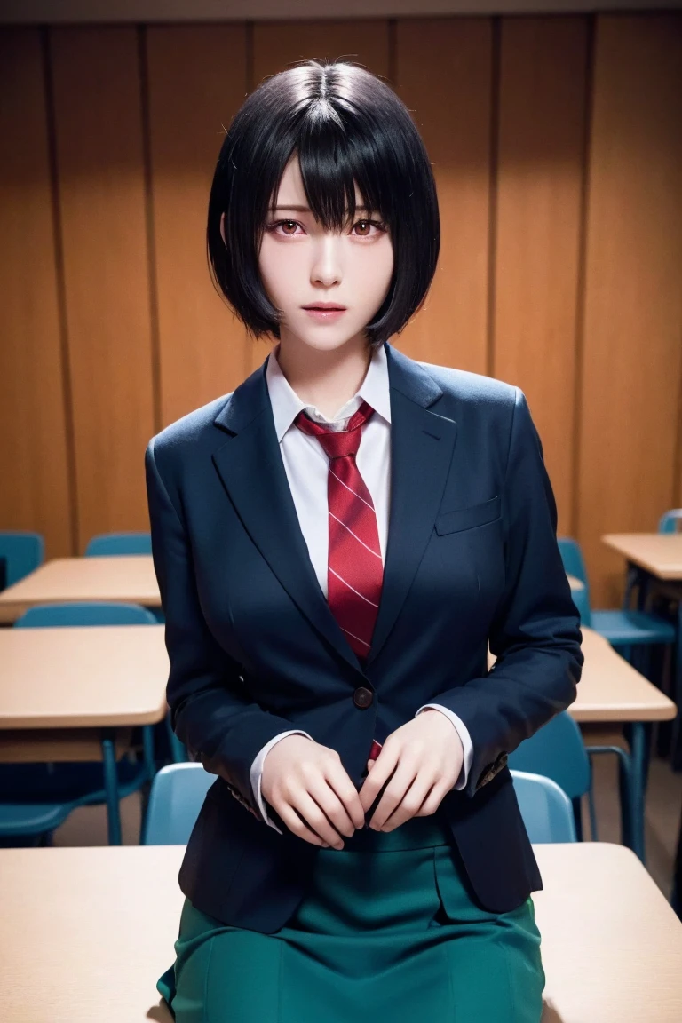 (high quality、high resolution、Tabletop、4K,8k)、Red eyes,Black Hair,short hair,ryouko, Red eyes, Large Breasts, hair band, Blue tie, blazer, school uniform, winter school uniform, Green Skirt,