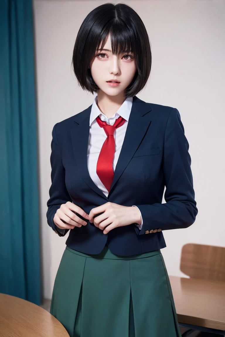 (high quality、high resolution、Tabletop、4K,8k)、Red eyes,Black Hair,short hair,ryouko, Red eyes, Large Breasts, hair band, Blue tie, blazer, school uniform, winter school uniform, Green Skirt,