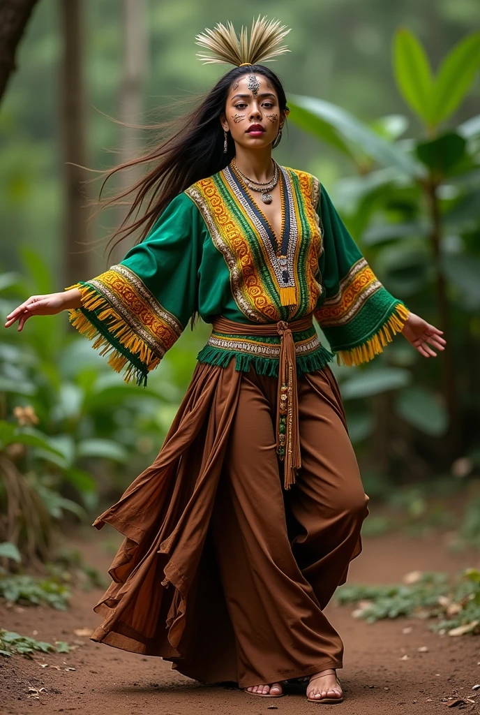 Create a dance costume for me that pays homage to the indigenous peoples of Tocantins. I need brown pants and a blouse with the colors of the Tocantins flag that is easy to make with indigenous makeup..