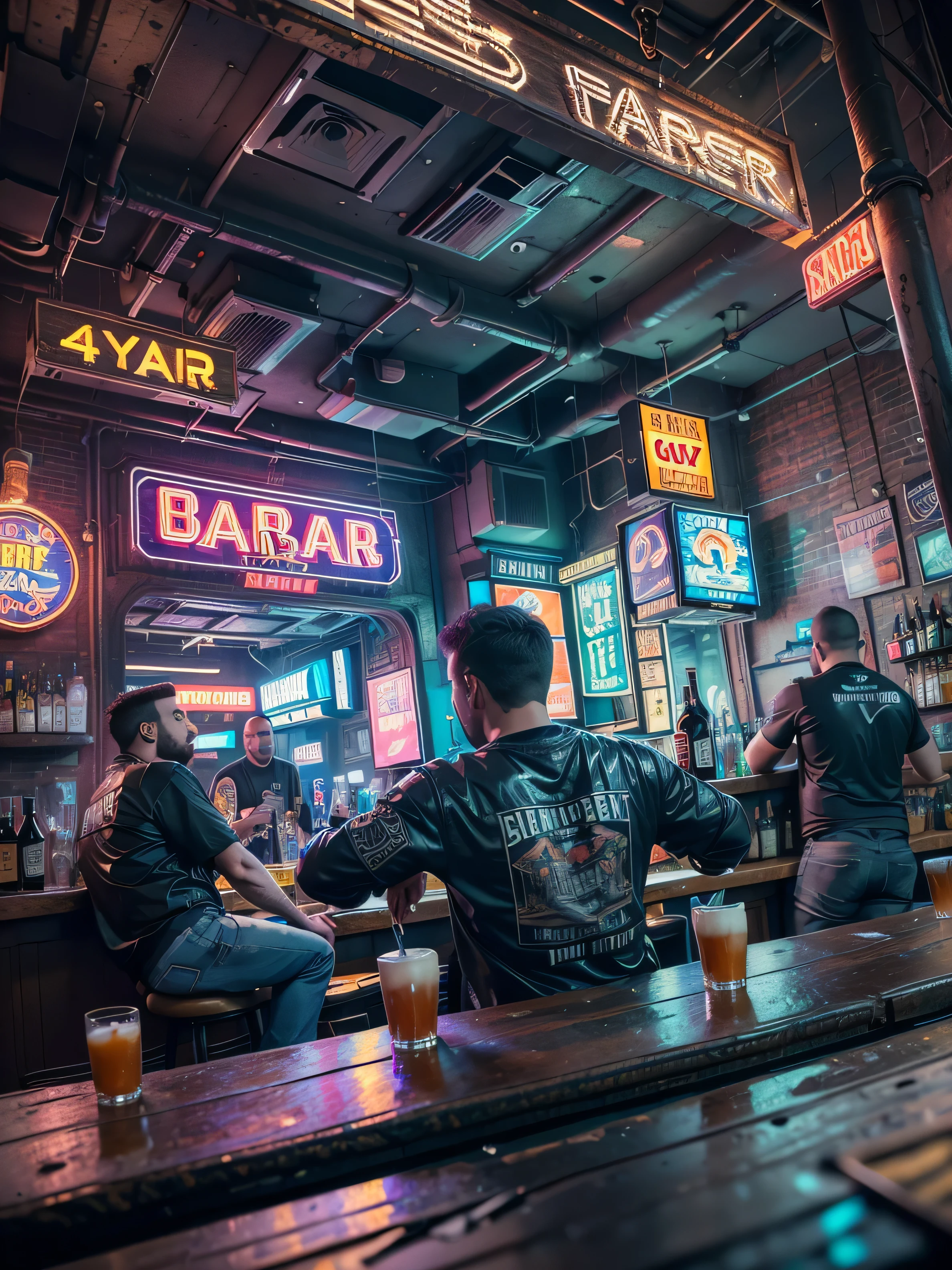 (((Masterpiece))),high resolution,realistic details,sharp focus, hyper-realistic photo of 2 guys at a bar,(((2 guys at a bar))),Fisheye 5 mm lens taken from behind, cyberpunk scene, cyberpunk vibe, New York city in the year of 2527. Super futuristic bar, sharp details,anatomically correct bodies, depth in vision,(depth in vision 1.3), illuminated by vibrant neon lights and holograms. Capture the scene from a street-level perspective during a dark and rainy night. The atmosphere should convey a bustling yet ominous mood, highlighting the contrast between the dystopian environment and advanced technology.(Very detailed: 1.3),4k, back shot
