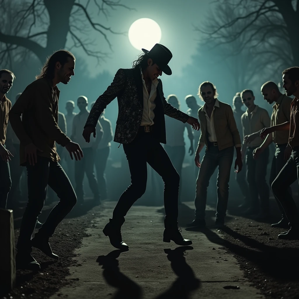 A thrilling scene from the iconic "Thriller" video, featuring Michael Jackson in his signature moonwalk, dancing in perfect harmony with a chilling ensemble of Walkin Dead characters. The undead, clad in tattered clothing and pale makeup, follow Michael's every move, creating a hauntingly captivating tableau against a moonlit graveyard backdrop. The atmosphere is tense yet electrifying, with the iconic music playing in the background, setting the stage for an unforgettable performance.