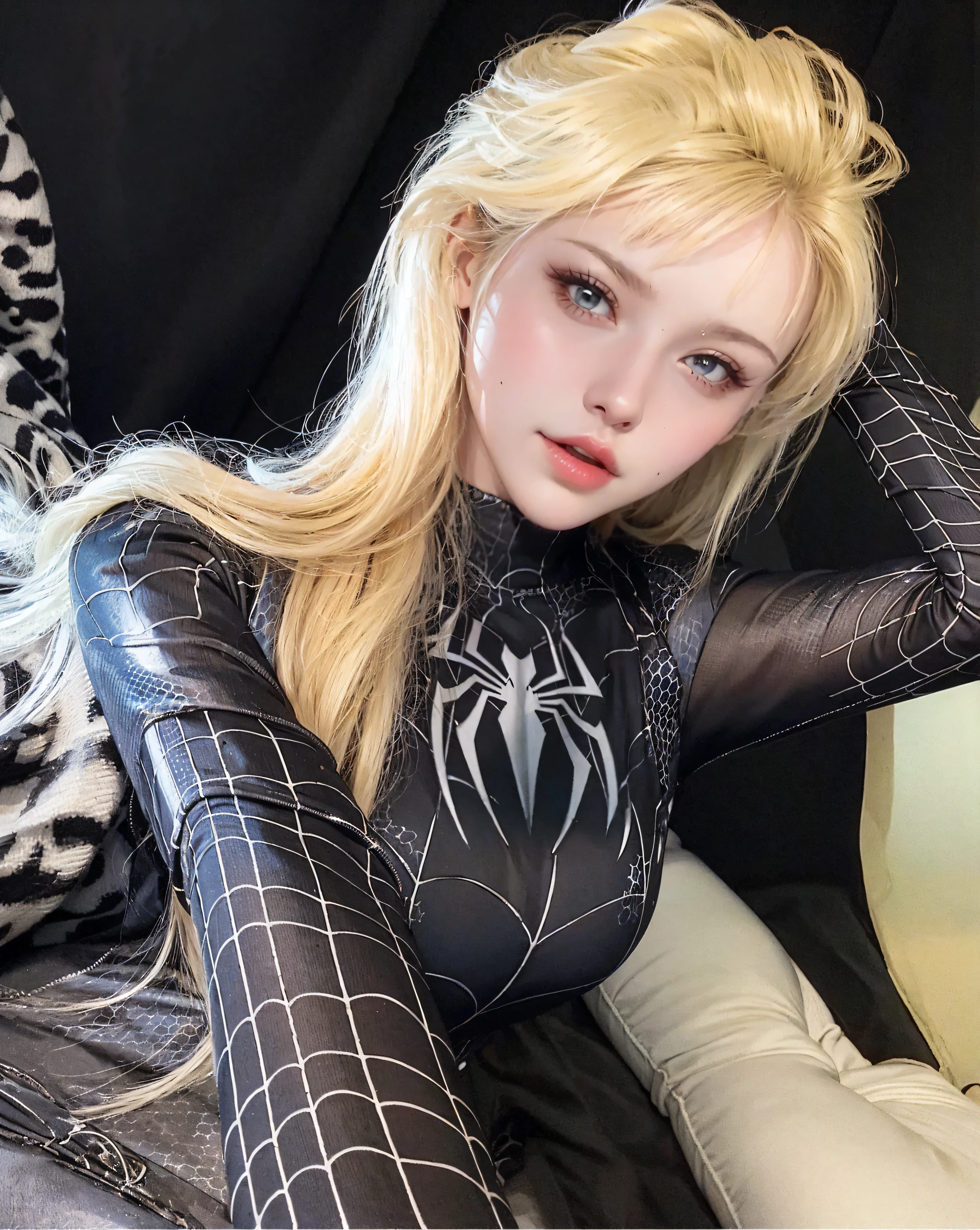 Beautiful detailed skin, Detailed Body, beautiful detailed hair, mujer de cabello rubio con traje de spiderman negro super detallado