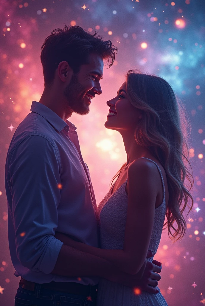 A couple in love in a very bright galaxy 