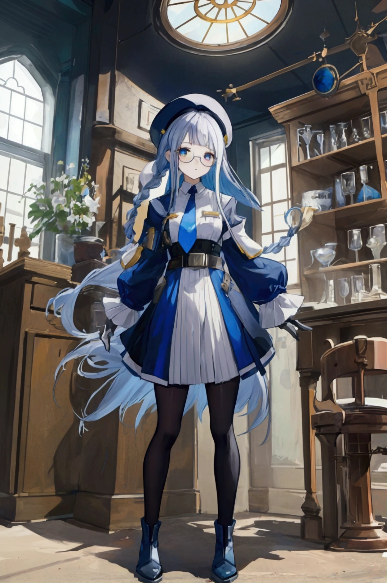 Artwork, best qualityer, 2d anime style, White girl, short stature, bangss, long hair, some braided strands, Dark Blue Hair, pale, heterochromia, vibrant blue left eye, yellow right eye, white glasses, beret, black dress covered, black tights, blue details, necktie, longsleeve, whitegloves, waist belt, apathetic expression, medieval theme, RPG, alchemy laboratory background with chemistry glassware, book shelf, mechanical arm with silver details . fully body, conceptual artwork, large white boots.
