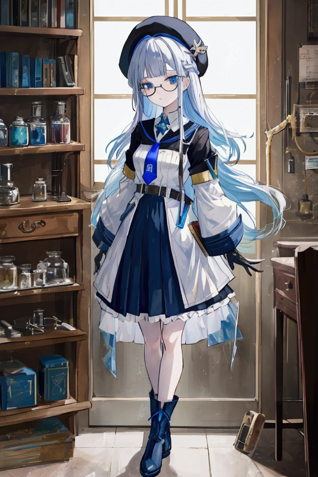 Artwork, best qualityer, 2d anime style, White girl, short stature, bangss, long hair, some braided strands, Dark Blue Hair, pale, heterochromia, vibrant blue left eye, yellow right eye, white glasses, beret, black dress covered, black tights, blue details, necktie, longsleeve, whitegloves, waist belt, apathetic expression, medieval theme, RPG, alchemy laboratory background with chemistry glassware, book shelf, mechanical arm with silver details . fully body, conceptual artwork, large white boots.
