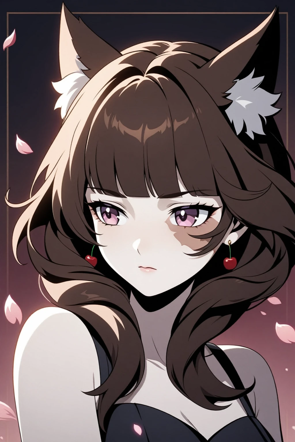 Genshin Impact art style, solo, pale skin, portrait, (middle-aged kitsune woman: 1.25), dark pink eyes, long fluffy hairstyle, blunt bangs, side locks covering ears, dark brown hair, very large dark brown fox ears, (no human ears: 1.25), silver jewelry and earrings, mysterious melancholy expression, (large burn scar across face and arm: 1.35), looking away from camera, vulnerable pose, flowing sleeveless black sundress, maroon aura, (flowing cherry blossom petals: 1.2), dark gradient background, dark lighting