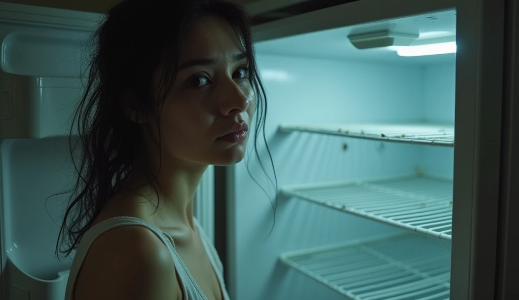 woman looking sad in front of empty refrigerator despairs Close up
Tip: She looks at the Camcorder camera