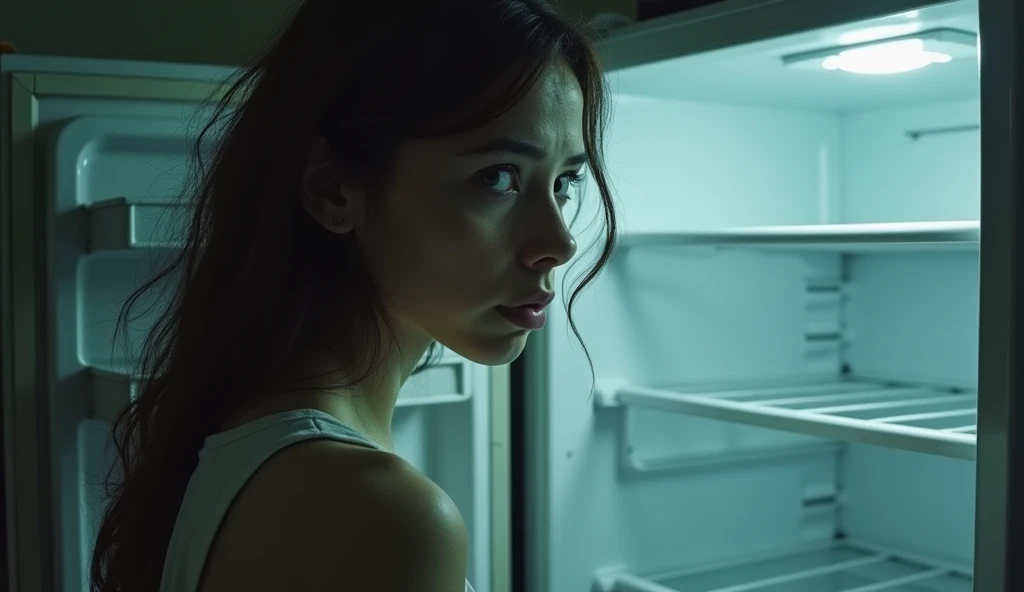 woman looking sad in front of empty refrigerator despairs Close up
Tip: She looks at the Camcorder camera