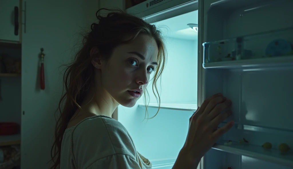 woman looking sad in front of empty refrigerator despairs Close up 
Tip: She looks at the Camcorder camera