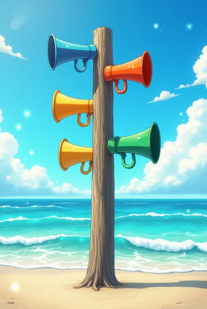 Create a wooden pole with 4 megaphones glued to the top of it, The drawing must be anime style and with the sea in the background