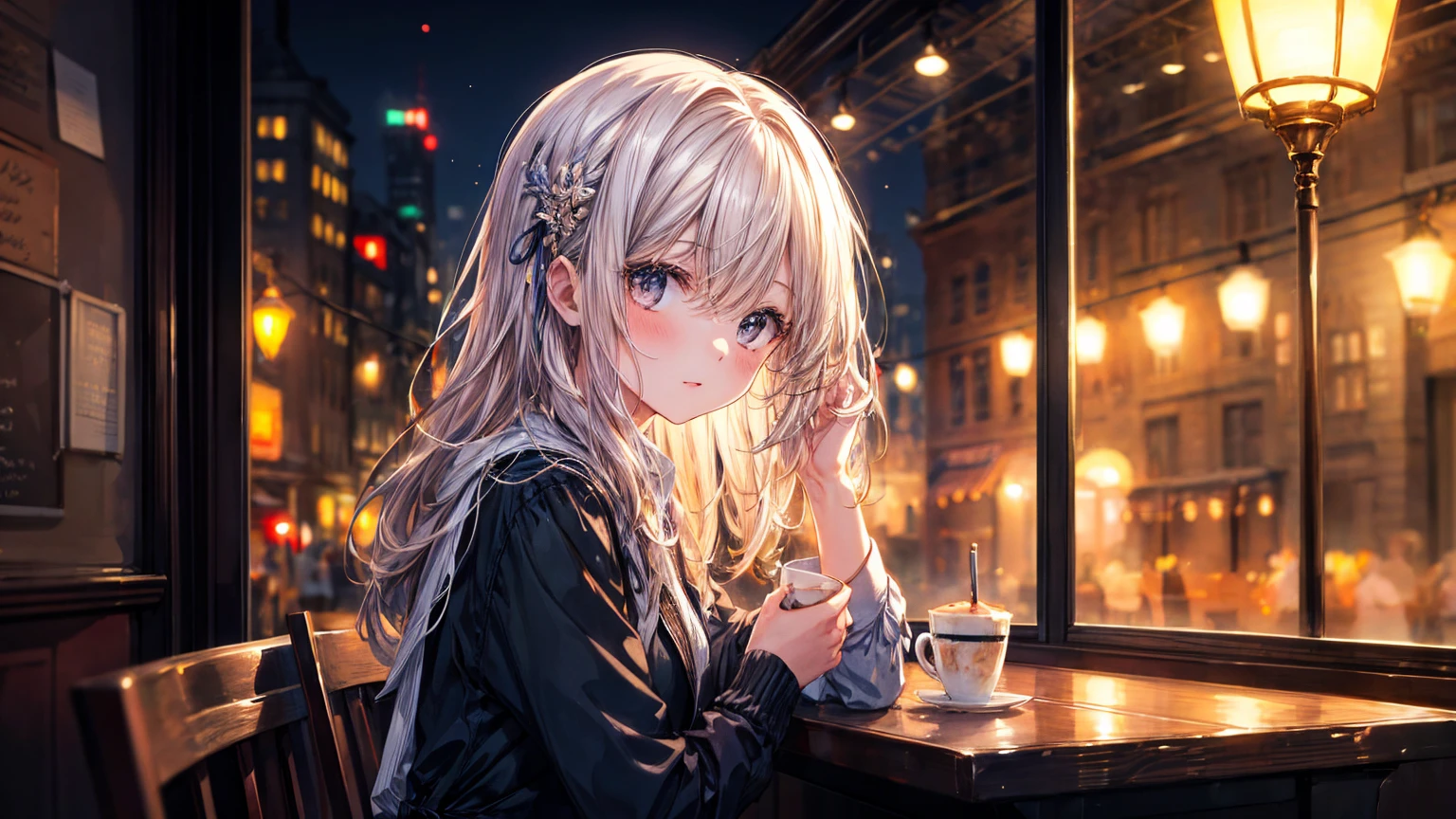 ((Highest quality)), ((masterpiece)), (detailed), 1girl, Cafe, night, Warm Light, watercolor, blurry background