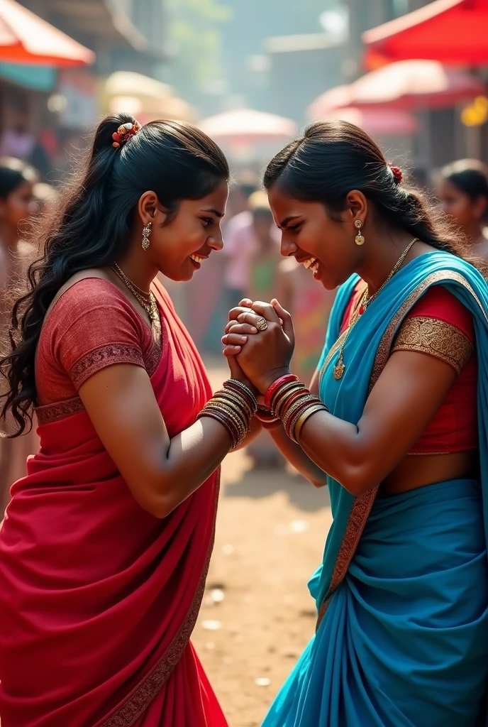 Two angry women hand wrestling in saree