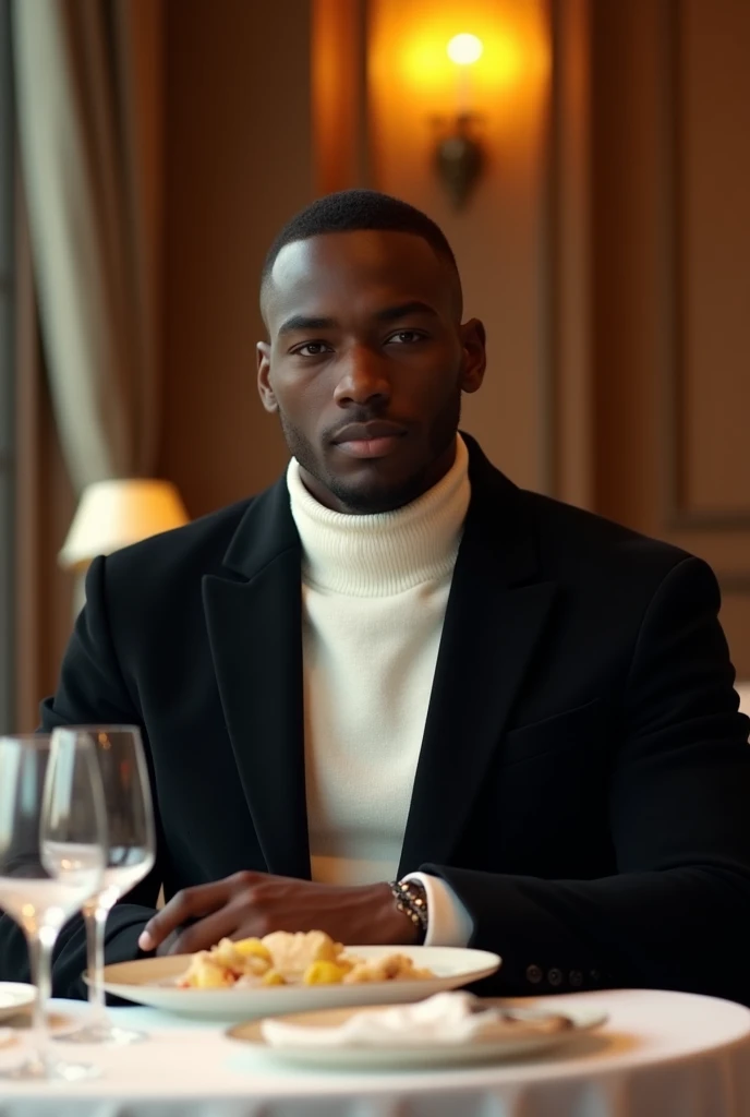 best qualityer:1.4), (ultra high resolution:1.2), (photorrealistic:1.4), (8k, CRU photo:1.2), a thin young man of 20 years old, skin black, with a smooth, beardless face, with short hair, with shaved sides and a low top, he is wearing a white turtleneck shirt and a black coat over it. is sitting at a restaurant table. There are two glasses of water on the table.This one has a slight smile 