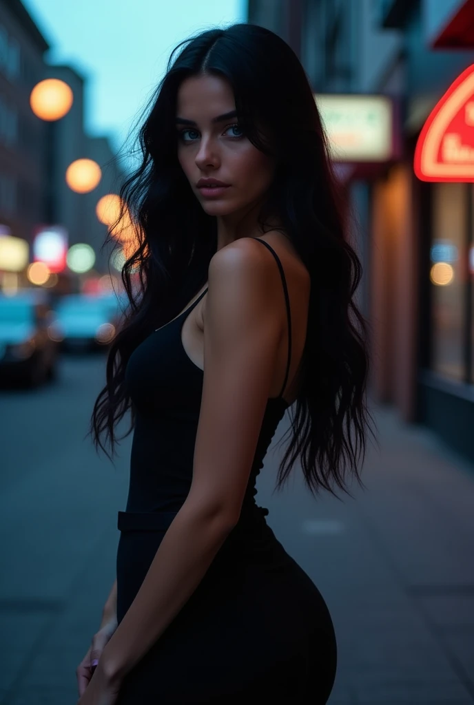 Young character sensual body more chio woman long black hair blue eyes with black tight clothes more breast