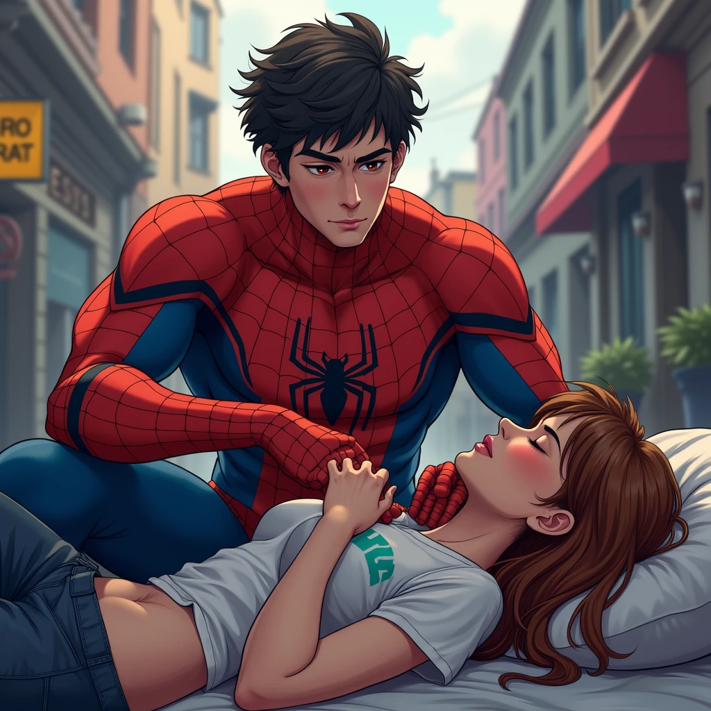 anime art: marvel art style, a masculine 20-year-old male with a big masculine bulge, wearing spider superhero outfit , He's dry humping a sleeping woman wearing lgbt shirt in the street. He's humping her on the face

