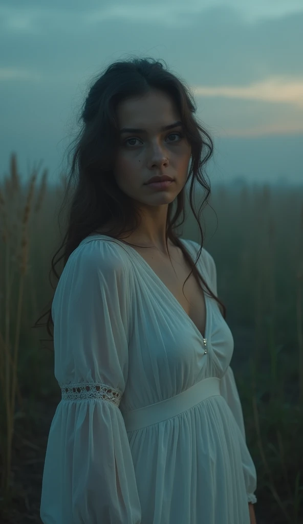 My face is etched with grief, and my voice carries the sorrow of a mother who can never find peace looking straight into camera a young woman in white dress