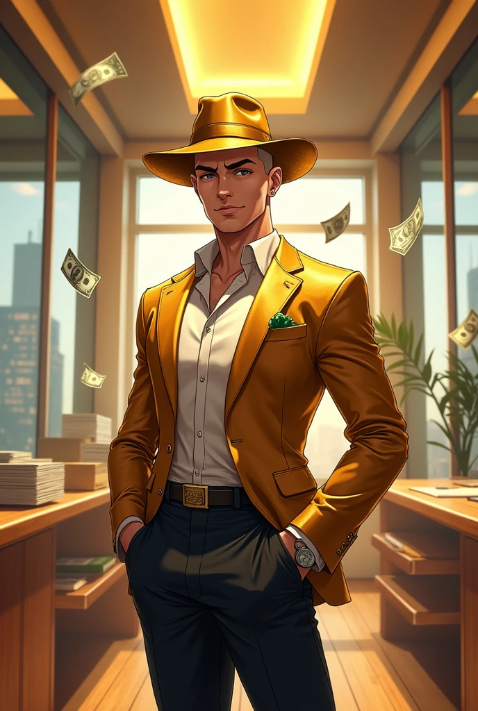 A very handsome bald guy with a bored smile and money raining in his office wearing a gold hat,gold suit and black pants anime version