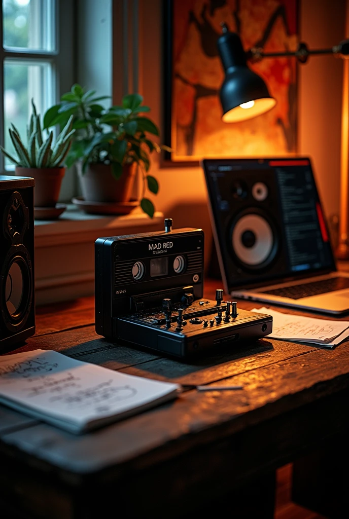 Old tape recorder from the 90s on a desk, The recorder has a black cassette that says MAD RED as its title., On the desk there are also loose sheets with pencil and writings, the room is dark, It has vinyl records and two sound monitors, There is also a laptop and a small console for mixing sound.