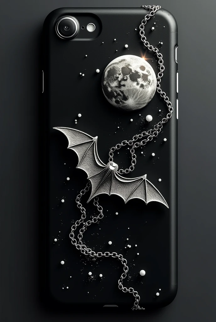 Black phone case with 3d silver bat, 3D silver moon and a silver chain passing through the middle going from the top right corner of the cover to the bottom left corner of the 3D cover