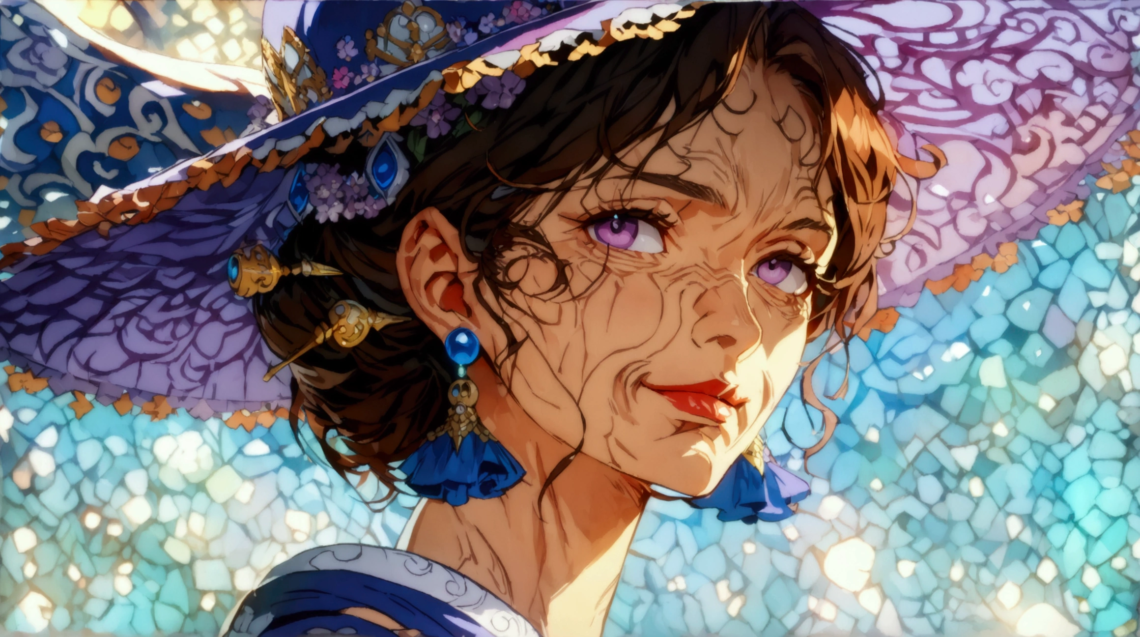 Old woman, brown hair, lilac eyes, lilac hat, lilac earring, lilac navy admiral dress, arrogant smile, ((Intricate anime character design inspired by One Piece)), ((Stunning lighting)), ((Fine lines)), ((Stunning focus)), ((Centered character)), ((Stunning face)), ((Detailed focus)), ((Detailed background)), ((Ultra-fine 2D design)), ((Creative scenery)), ((2D masterpiece)), ((Best quality)), ((8K anime style))