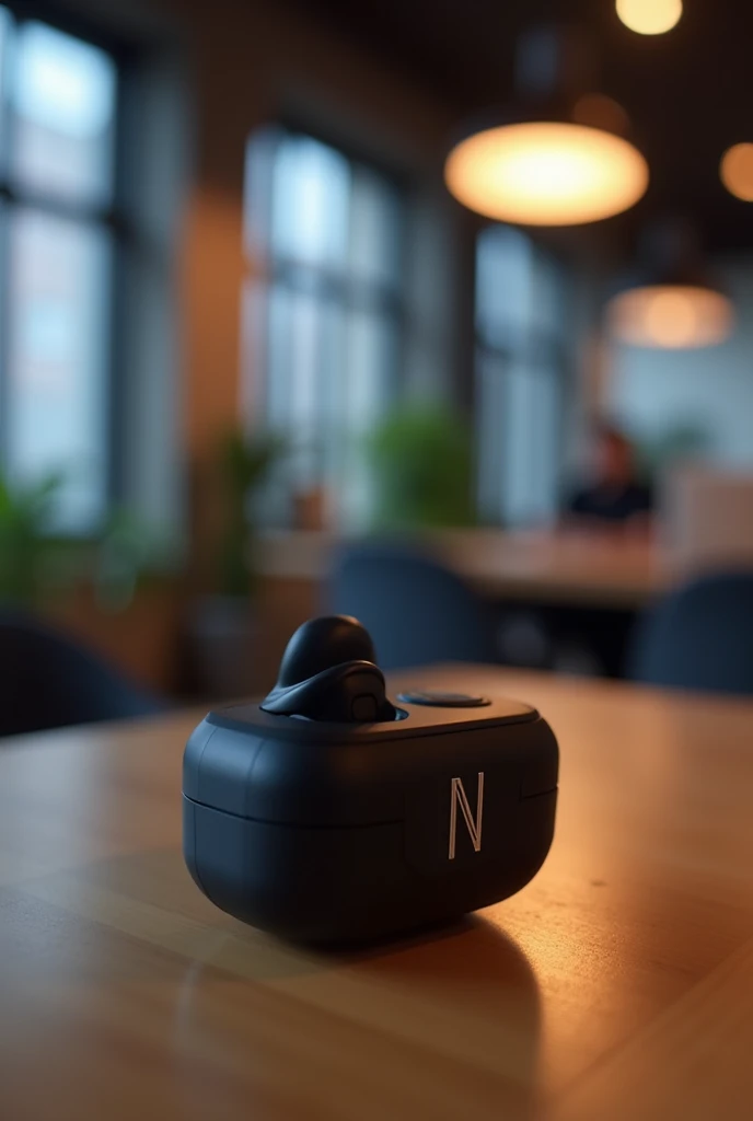 A black bluetooth headset, with the letters FN stamped in white