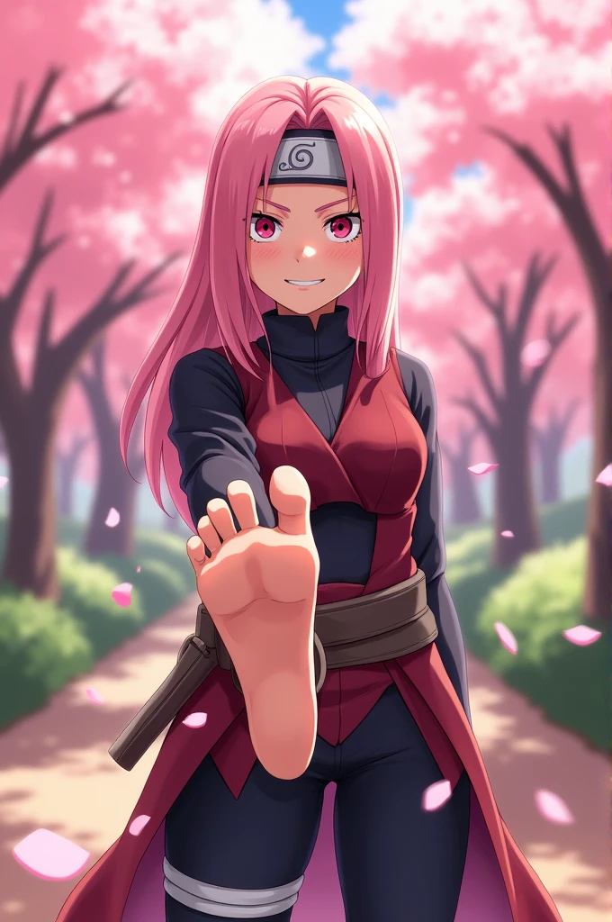 Sakura Hurano from Boruto holding her bare foot over the viewer with a smug grin on her face