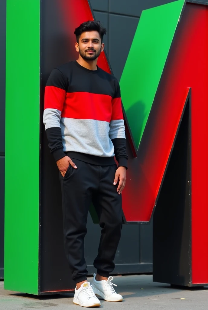 The real Bangladeshi 41-year-old man with black hair is wearing a casual outfit including a black tricolor sweatshirt, jogger pants and sneakers. The man is leaning on a large bright Green and Red color letter ‘M’, which is black with white accents. The overall color scheme is minimal, focusing on the colors of the tricolor. The scene has a modern and clean aesthetic, with soft darks and subtle shadows.”