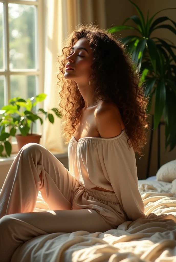 (photorealism:1.2), beautiful woman, sitting on bed, wearing loose off-shoulder top, pajama pants, long curly hair, indoors, soft lighting, plants in background, window with sunlight, cozy room, relaxed pose, realistic, intricate details, warm colors, by Greg Rutkowski, by Alphonse Mucha