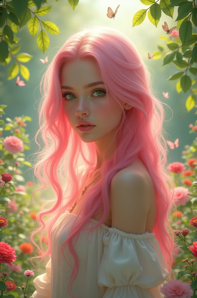 A beautiful young woman with long pink hair and green eyes in a realistic style