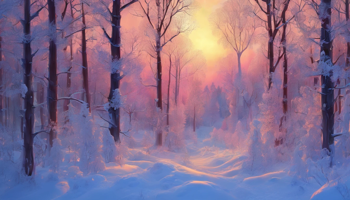 winter forest at dawn, trees in the snow, realistic, hyper-detailed, high quality,