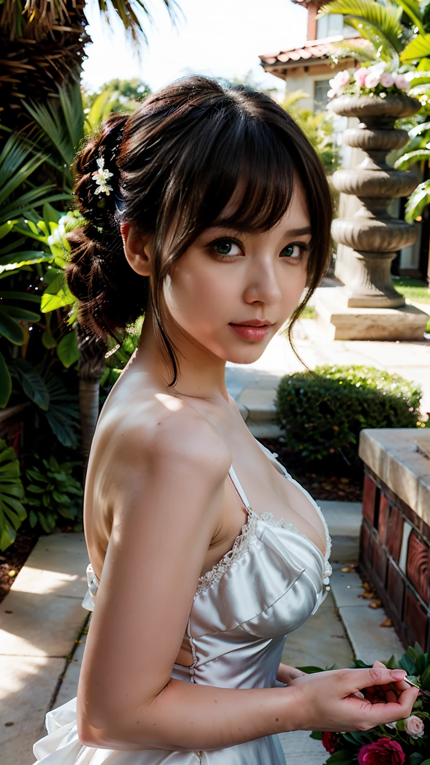 high detail, Social realism, Realism, Hyperrealism, Verism, UHD, retina, masterpiece, accurate, anatomically correct, textured skin, super detail, high details, high quality, award winning, best quality, high resolution, 16k, She is a vision of beauty, with an aura of grace and sophistication. Her skin is like porcelain, smooth and flawless, and her features are exquisitely refined. Her eyes are large and expressive, framed by long, lashes that flutter as she blinks. Her eyebrows are perfectly arched, enhancing the natural beauty of her eyes, and her lips are full and painted in a classic, sophisticated shade of red. Her hair is styled with meticulous care—whether it cascades in soft, voluminous waves or is swept up into an elegant updo, it complements her overall look. Each strand seems to catch the light, adding a lustrous sheen that accentuates her radiant beauty. She wears a white dress that epitomizes both sexiness and elegance. The silhouette of the dress hugs her curves in all the right places, flowing gracefully way above her knees that adds an element of sexiness. She is posing in a park full of plants and flowers.