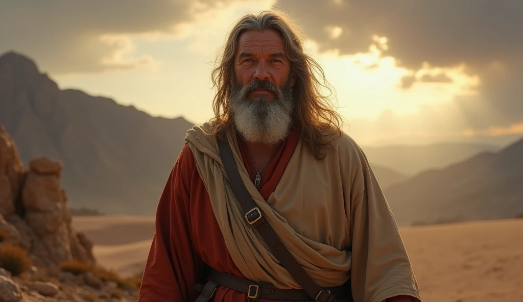 "Create a realistic image of Elijah, the prophet of the Bible, in a setting that represents your strong connection with God and your role as a divine messenger. Elijah should be portrayed as a middle-aged man, with long, disheveled hair and beard, wearing simple, rustic clothing typical of the Old Testament era. The background should include a mountainous landscape, symbolizing Mount Carmel, where he challenged the prophets of Baal, or a desert scene, reflecting your spiritual journey. Elias' facial expression must convey determination and fervor, while a dramatic sky with dark clouds and rays of light may suggest the presence of God. This image will be used in a YouTube video about the life and deeds of Elias., proto, must be impactful and inspiring."