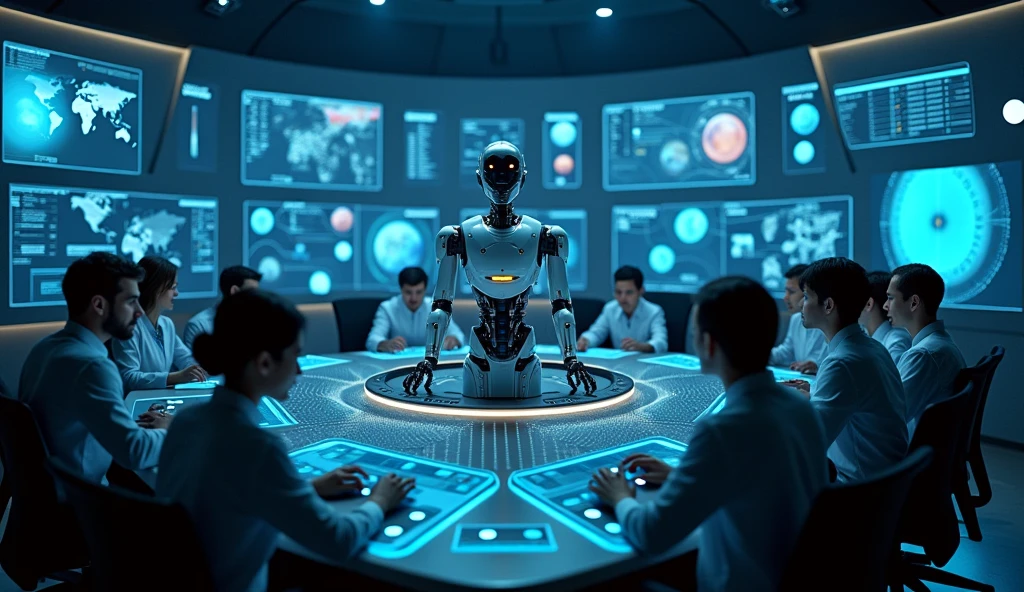 theme: A space mission control room style setting, where a team of scientists and engineers monitor various screens and control buttons.
At the center, an AI operator with a large control panel, where each button represents an aspect of responsible AI use.