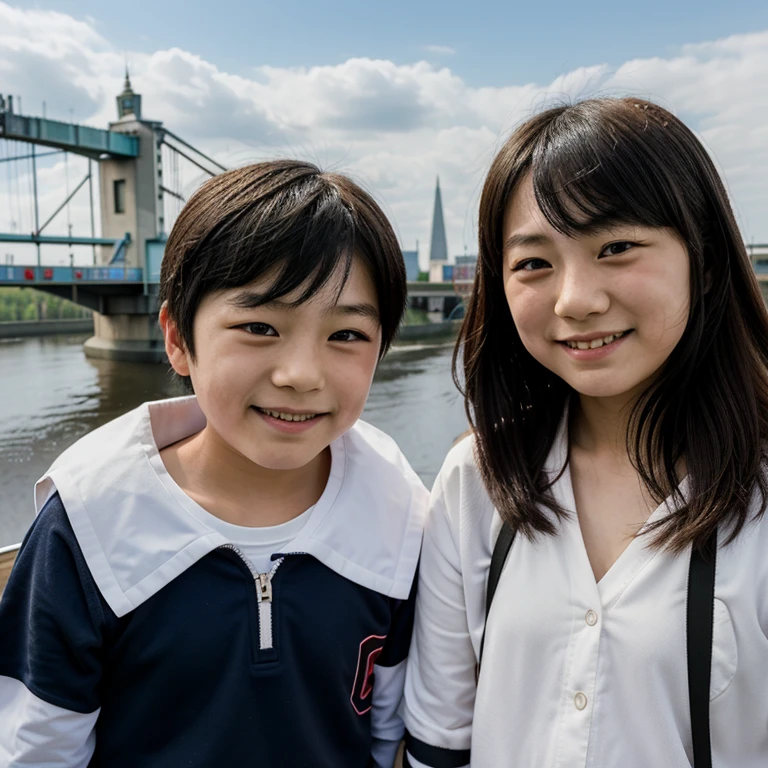 7-year-old Japanese boy and 10-year-old Japanese girl in Germany Magdeburg on the Elbe smile 