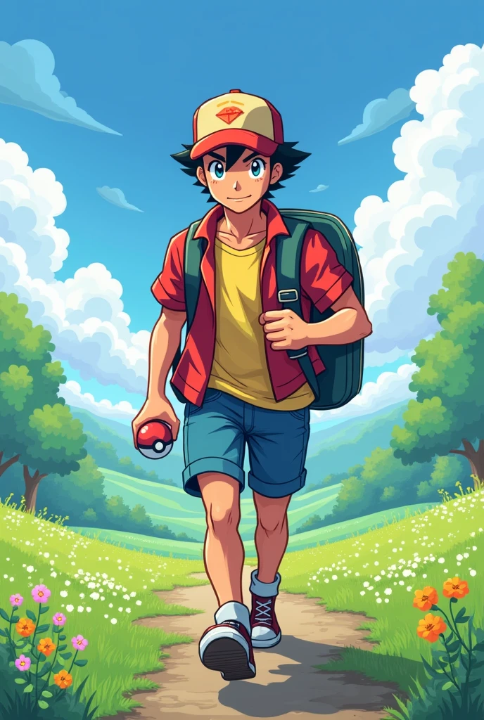 style ((8 bits, retro) elegant, beautiful face, chubby nose, well-built, pokemon trainer costume, adventure, field, Role playing game, videogame, schoolbag, pokeball, barba, eyes, run, adult man, strong
