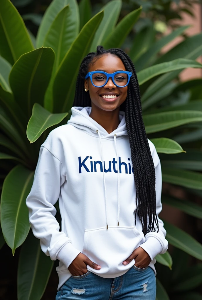 (photorealism:1.2), beautiful black African woman,22 years,sharp boobs,,wearing jeans and a fitting white hoodie written "Kinuthia", smiling,long braids,oversized blue glasses, standing , plants in background