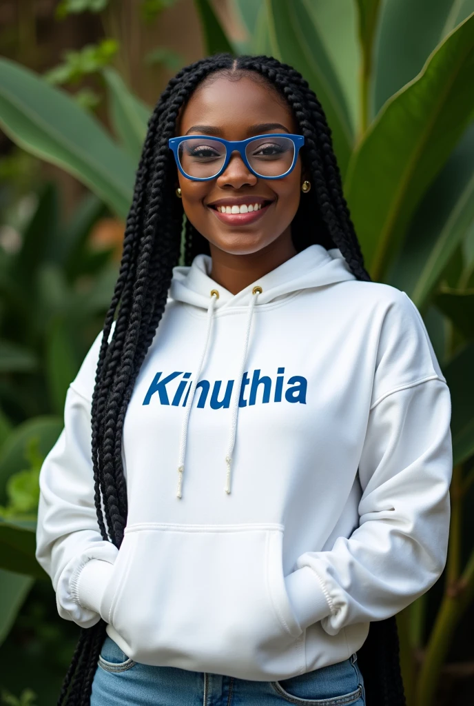 (photorealism:1.2), beautiful black African woman,22 years,sharp boobs,,wearing jeans and a fitting white hoodie written "Kinuthia", smiling,long braids,oversized blue glasses, standing , plants in background