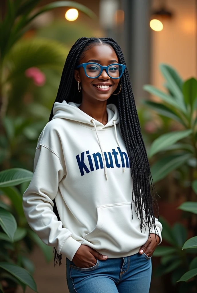 (photorealism:1.2), beautiful black African woman,22 years,sharp boobs,,wearing jeans and a fitting white hoodie written "Kinuthia", smiling,long braids,oversized blue glasses, standing , plants in background