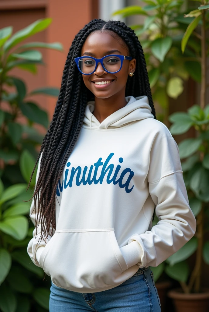 (photorealism:1.2), beautiful black African woman,22 years,sharp boobs,,wearing jeans and a fitting white hoodie written "Kinuthia", smiling,long braids,oversized blue glasses, standing , plants in background