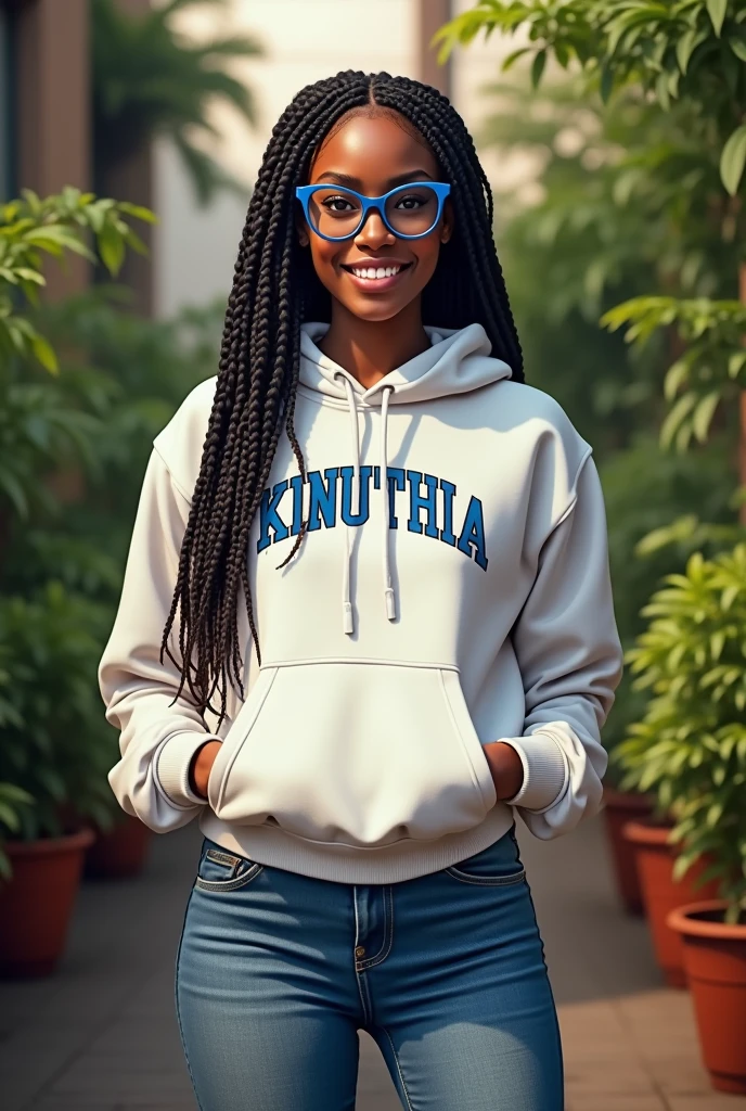 (photorealism:1.2), beautiful black African woman,22 years,sharp boobs,,wearing jeans and a fitting white hoodie written "Kinuthia", smiling,long braids,oversized blue glasses, standing , plants in background