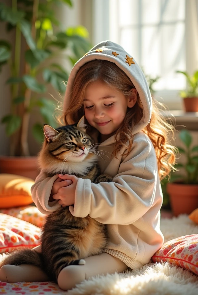 a girl with a cat and a hodie
