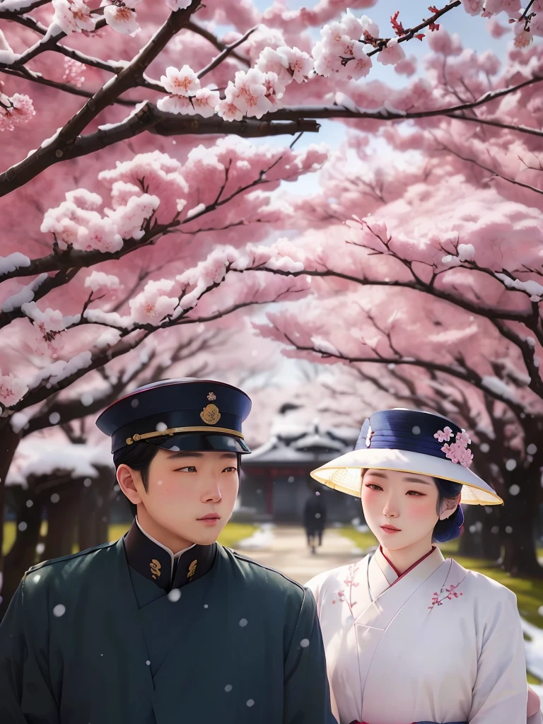 A young man wearing a dark blue traditional Japanese school uniform and a girl wearing a classic 1920s dress, with snow-covered cherry trees in the background, Inspired by Matsuno Chikanobu, under the cherry tree, Inspired by Ito Shinsui, Inspired by Tsukioka Yoshitoshi, Inspired by Koson Ohara, snowing on the cherry trees, by Yanagawa Nobusada, Inspired by Toyohara Chikanobu, in the image we have shades of blue and pink.  sakura season, historical drama, movie still 8 k, dreamy atmosphere and drama, film still promotional image, inspired by Shin Saimdang, inspired by Jeong Seon, colorful photo, cherry trees, film promotional still, Cherry blossoms, still promotional