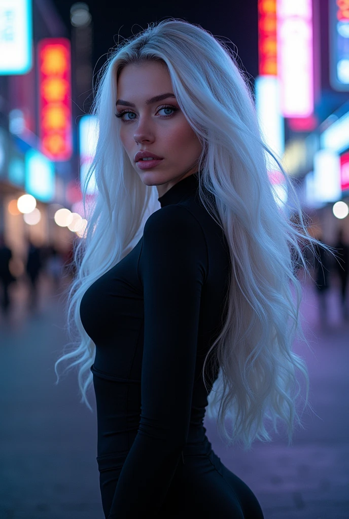 Young character sensual body more chio woman long hair white color blue eyes with black tight clothes more breast 