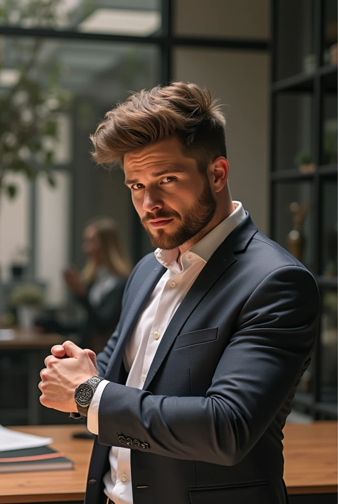 Create a male person, with beard , and with dark green eyes , with formal wear for marketing company, looking forward and smiling