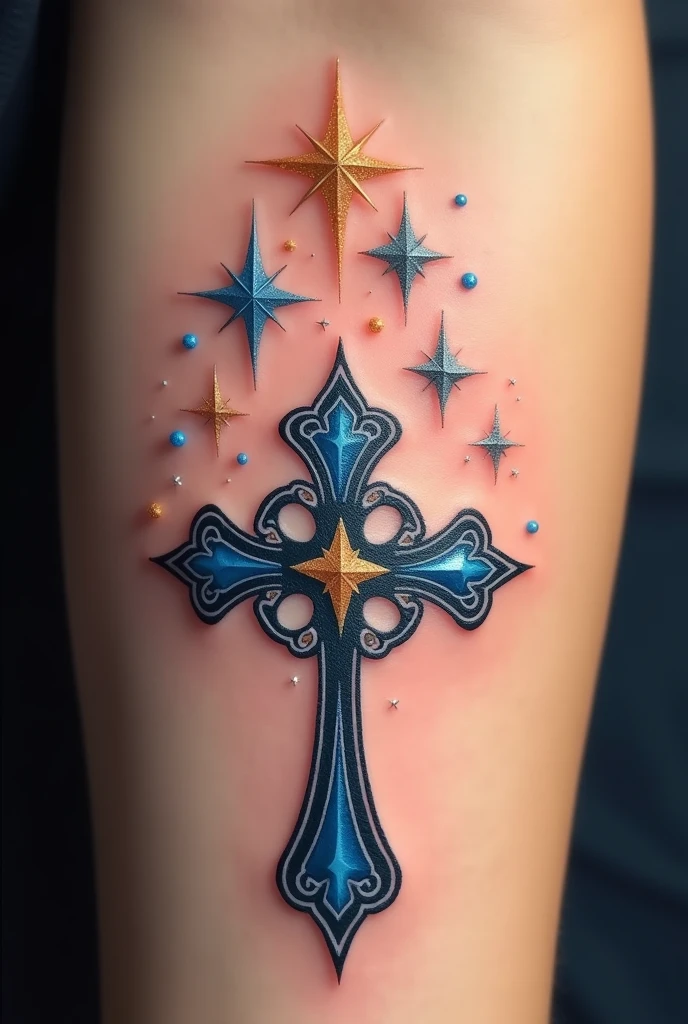 a beautiful cross with wonderful three stars above it as a samll tattoo