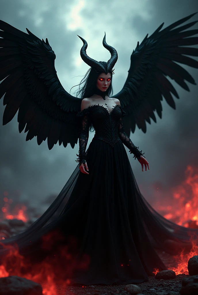 A striking 3D render of a demoness angel with large, black raven wings spread wide and red, glowing eyes that exude an intense gaze. She is adorned in dark, ethereal attire, with a flowing black gown and intricate, horned headpiece. The cinematic-style poster showcases the demoness angel in a dramatic, sweeping pose against a backdrop of swirling darkness and an ominous storm., cinematic, 3d render, poster
