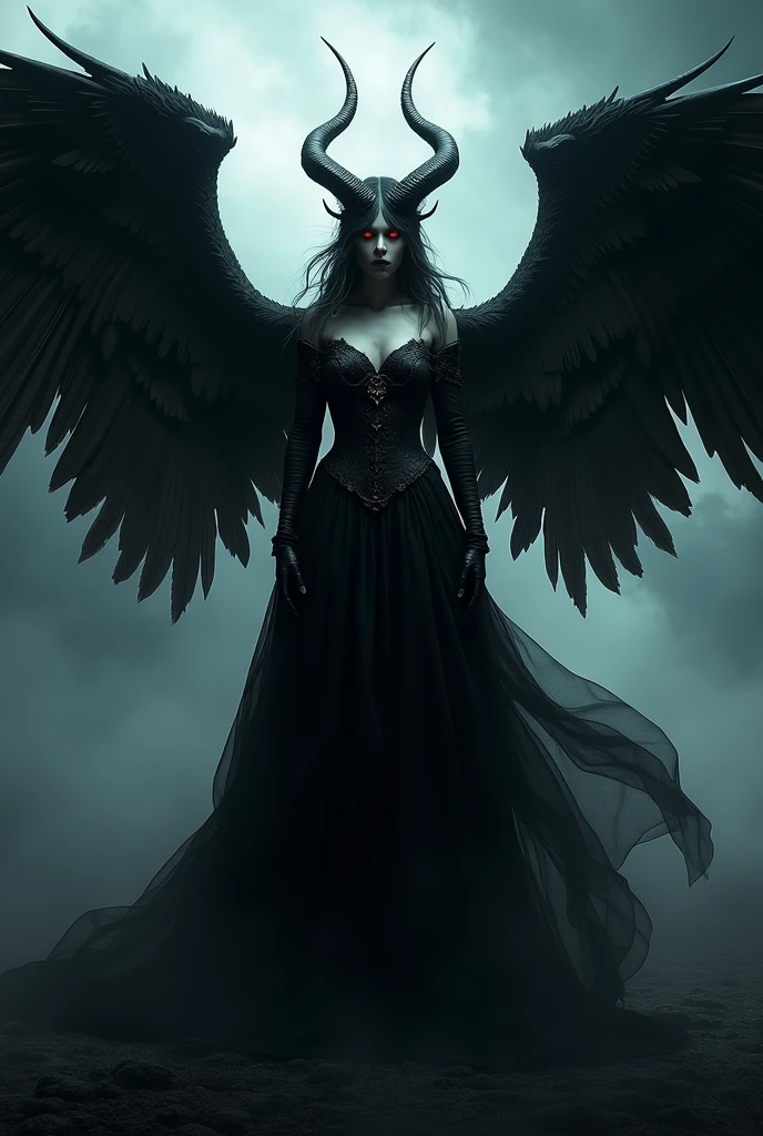 A striking 3D render of a demoness angel with large, black raven wings spread wide and red, glowing eyes that exude an intense gaze. She is adorned in dark, ethereal attire, with a flowing black gown and intricate, horned headpiece. The cinematic-style poster showcases the demoness angel in a dramatic, sweeping pose against a backdrop of swirling darkness and an ominous storm., cinematic, 3d render, poster