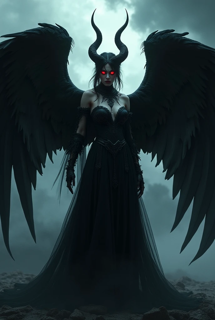 A striking 3D render of a demoness angel with large, black raven wings spread wide and red, glowing eyes that exude an intense gaze. She is adorned in dark, ethereal attire, with a flowing black gown and intricate, horned headpiece. The cinematic-style poster showcases the demoness angel in a dramatic, sweeping pose against a backdrop of swirling darkness and an ominous storm., cinematic, 3d render, poster